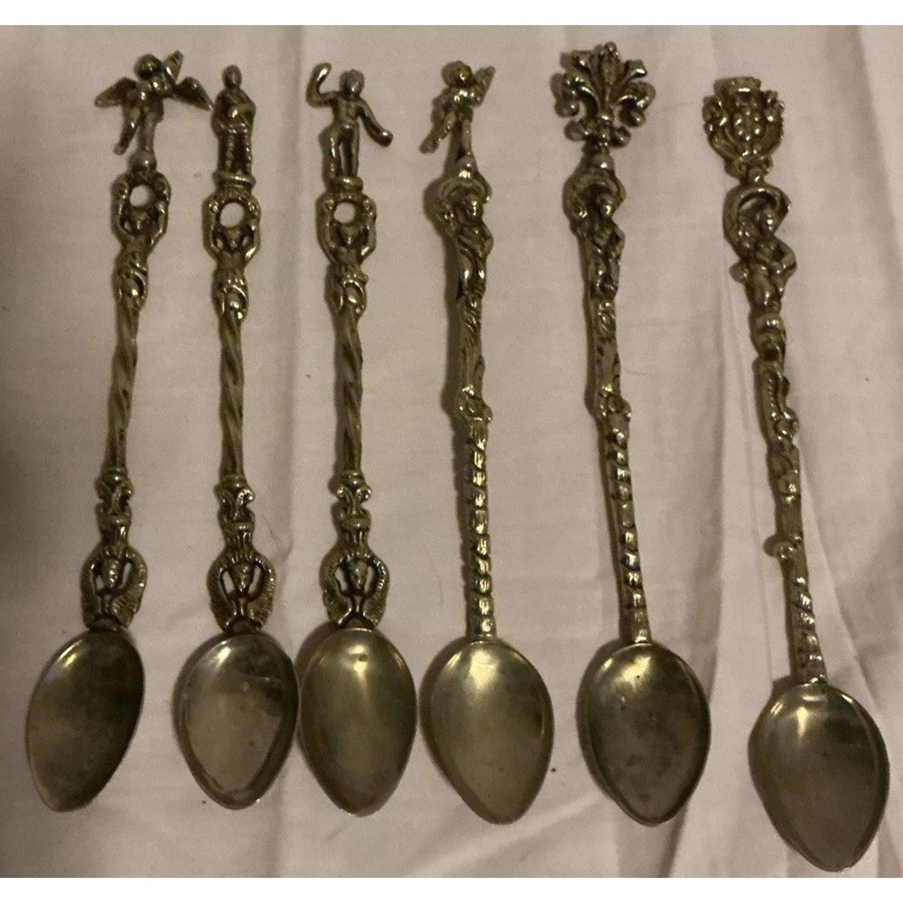 6Pc Montagnani Style Italy Stamped Figural Demitasse Spoons Ornate Vintage‎